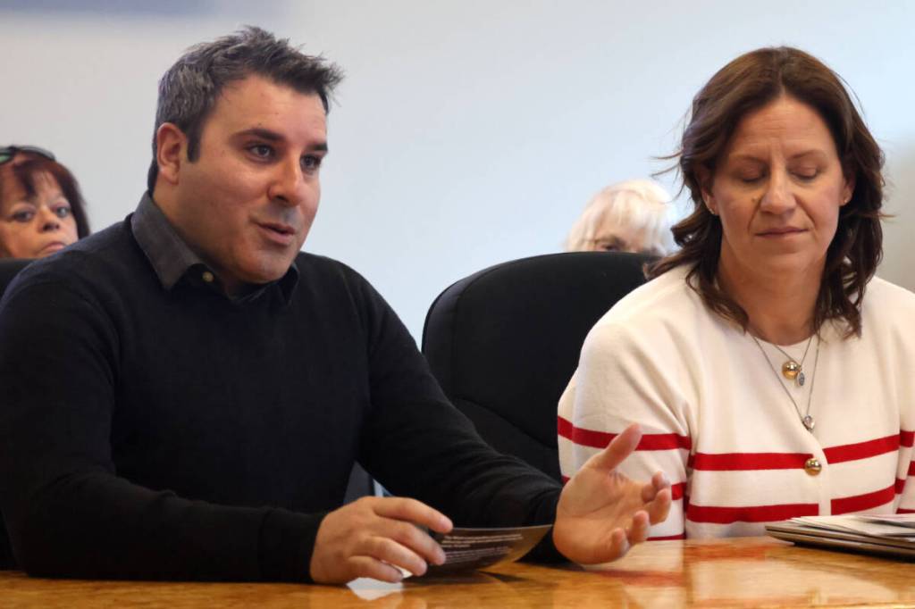 From left to right, Graham Genge, and Shauna McDonald, both with Enbridge, appear before the District of 100 Mile House Council on March 10 to talk about an update to the Sunrise Expansion Program. (Misha Mustaqeem photo - 100 Mile Free Press)